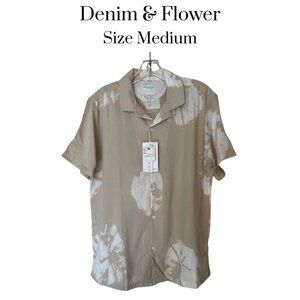 NWT Denim & Flower Men’s Tan White Viscose Shirt Sz M Short Sleeve Button Down